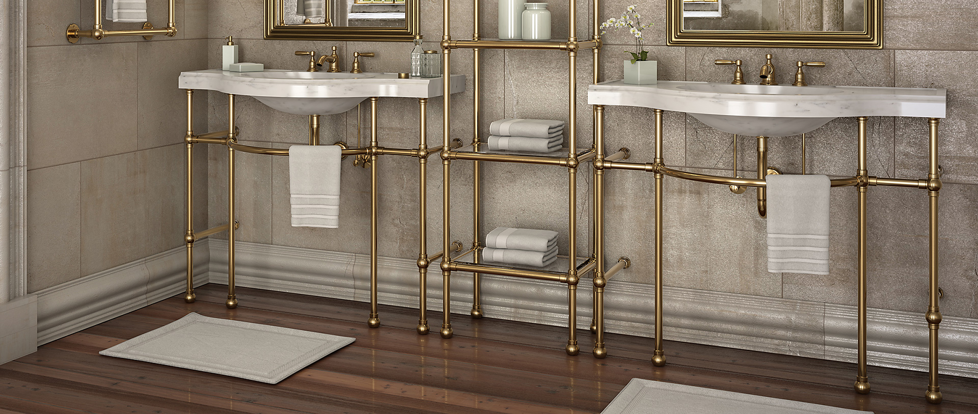 Renaissance style brass metal console sink legs with matching etagere shelving