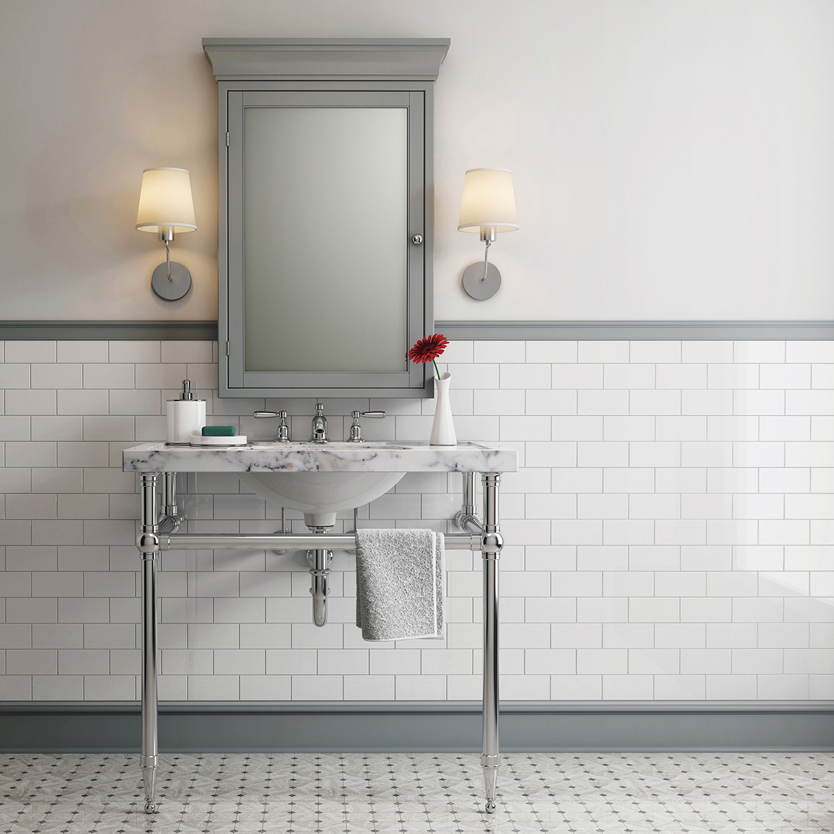 A Tapered Foot Style Leg System In A Classic Subway Tile Bathroom