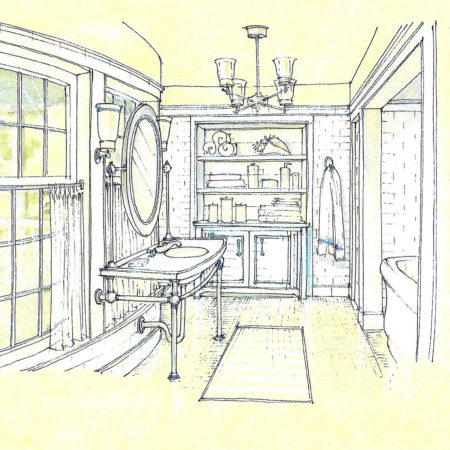 Artist’s sketch of a custom Palmer vanity with curved crossbar and ...